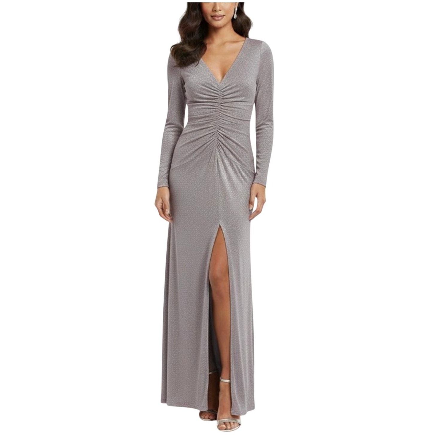 Eliza J Silver Evening Gown Metallic Long Sleeve Ruched V-Neck Dress Size 8